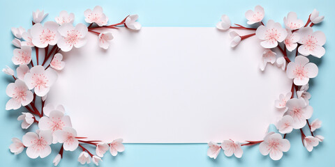 Fototapeta na wymiar spring banner,a white sheet of paper with a place for text with twigs of blooming white cherry lying in the corners,on a blue background,a spring banner,a design concept for spring marketing materials