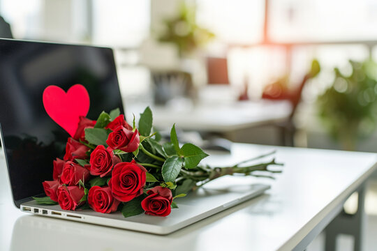 laptop standing at workplace in office, with a red heart painted on monitor, and bouquet of scarlet roses on keyboard,concept of online tokens of attention, a romantic workplace,online congratulations