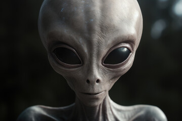 Portrait of long-headed alien with big eyes on black background, scary UFO. Generative ai