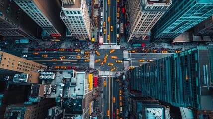 Aerial view of the streets of New York City, USA.. A high-angle shot of a bustling city street. The buildings, cars, and pedestrians create a sense of alignment.