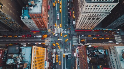 Aerial view of the streets of New York City, USA.. A high-angle shot of a bustling city street. The buildings, cars, and pedestrians create a sense of alignment.