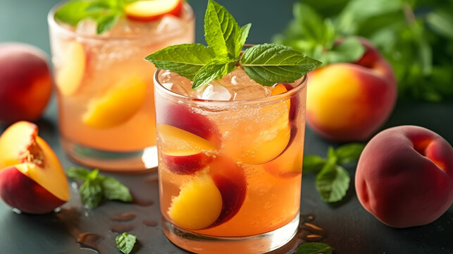 a close up of a drink in a glass on a table with peaches and mint on the side of the glass and a few pieces of fruit on the table.