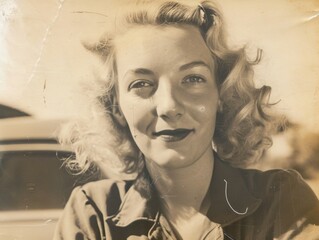 Photorealistic Adult White Woman with Blond Curly Hair vintage Illustration. Portrait of a person in World War II era aesthetics. Historic movie style Ai Generated Horizontal Illustration.