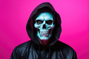 Portrait photo of man in scary halloween costume and skeleton face make up, pink background