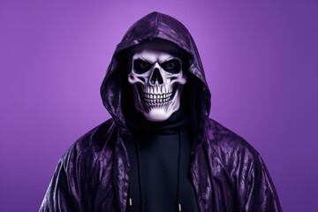 Fototapeta na wymiar Portrait photo of man in scary halloween costume and skeleton face make up, purple background