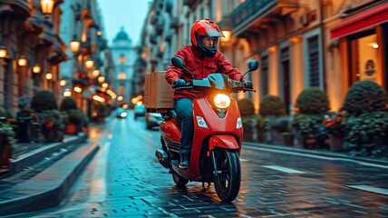 Fototapeta premium Food delivery drivers are driving to deliver products to customers who order online. Impact of epidemics, generative ai