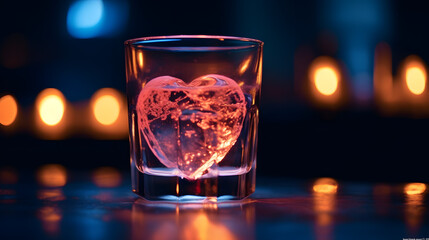 a heart - shaped ice cube in a glass of water on a table in a dark room with lights in the background. - obrazy, fototapety, plakaty