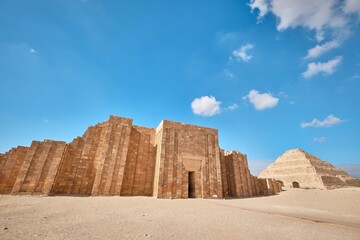 Saqqara, Egypt - January 2, 2024: Entrance to the mortuary temple near the pyramid of Djoser in...