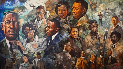 Design a mural that depicts significant moments and individuals in Black History Month - obrazy, fototapety, plakaty