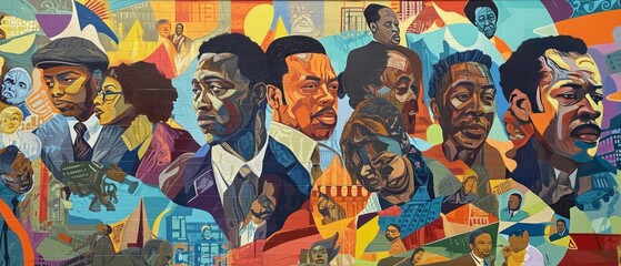 Design a mural that depicts significant moments and individuals in Black History Month - obrazy, fototapety, plakaty