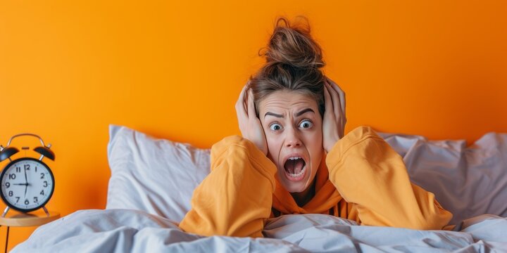 Young beautiful woman in morning bed at home. Sit and hold hands on head. Woman screams because she got up late. Orange background.