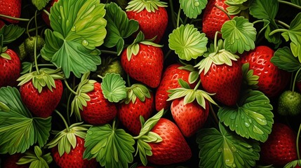 An ultra-detailed strawberry patch at midday, the vibrant green leaves cradle plump, sun-ripened strawberries, capturing their exquisite texture and hue.  - Generative AI - obrazy, fototapety, plakaty