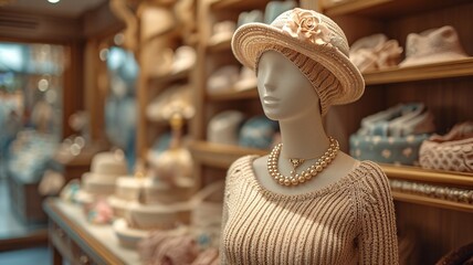 Luxury Fashion Showcase: Beige Woman's Mannequin on Shop Shelf with Mirror, generative ai