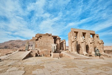 Luxor, Egypt - December 2023: The Ramesseum is the memorial temple or mortuary temple of Pharaoh Ramesses II. It is located in the Theban necropolis