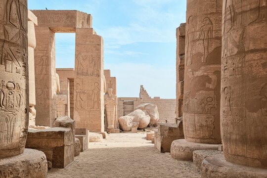 Luxor, Egypt - December 2023: The Ramesseum is the memorial temple or mortuary temple of Pharaoh Ramesses II. It is located in the Theban necropolis