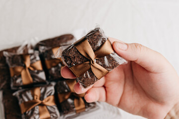 Chocolate brownie as a wedding or party favor
