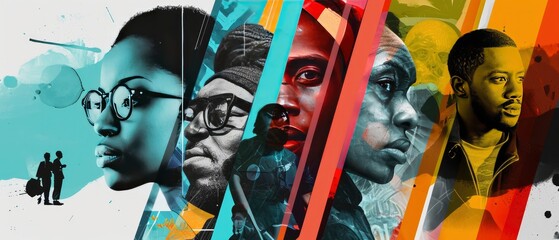 A visually striking collage featuring prominent figures in Black history, including activists, artists, scientists, and leaders. - obrazy, fototapety, plakaty