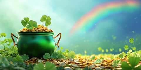 Pot of gold coins with clover leaves and rainbow. St. Patrick's Day concept