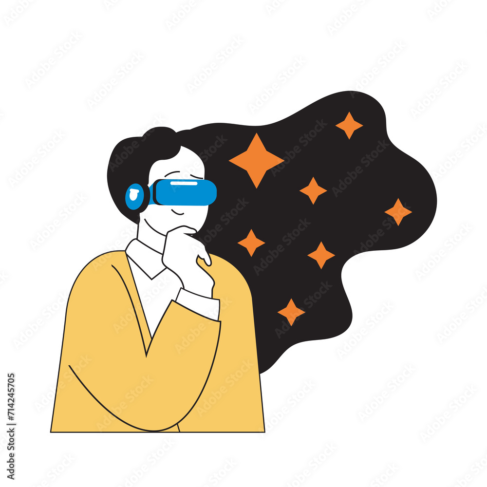 Poster virtual reality concept with cartoon people in flat design for web. man in vr headset exploring spac