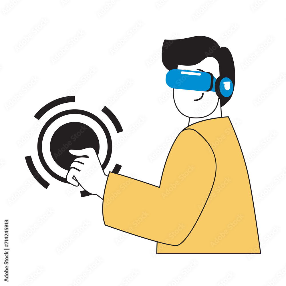 Leinwandbilder virtual reality concept with cartoon people in flat design for web. man in vr headset doing click ge