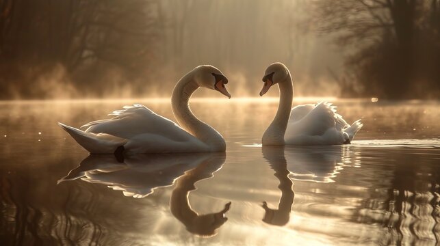 Couple of swans swimming in pond. AI