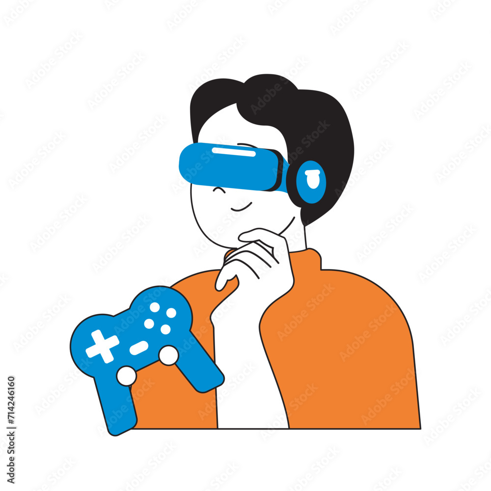 Poster virtual reality concept with cartoon people in flat design for web. man in vr headset and joystick p