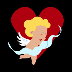 Cute cupid with red heart on black background. Vector illustration.