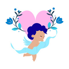 Cute Cupid with heart and floral wreath. Vector illustration.
