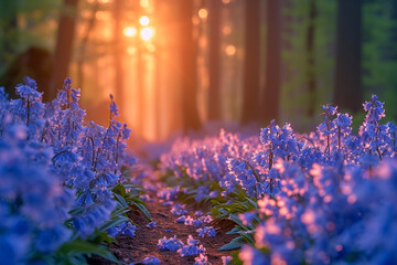 bluebell flowers in the early morning light - obrazy, fototapety, plakaty