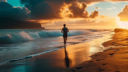 Fototapeta premium Silhouette of a runner jogging on the beach with waves and sunset