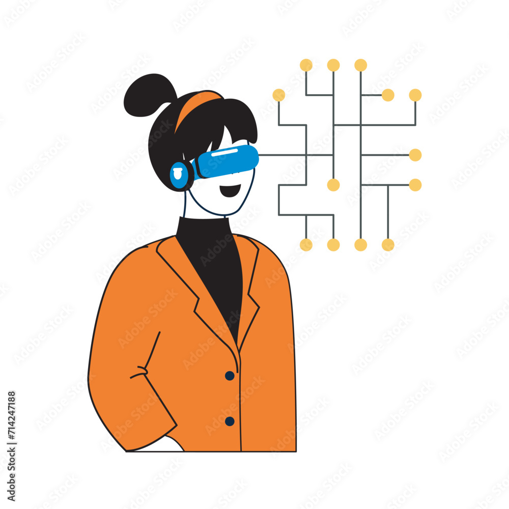 Poster virtual reality concept with cartoon people in flat design for web. woman in vr headset engineering 