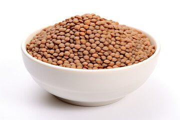 Red lentils in plate, isolated white background