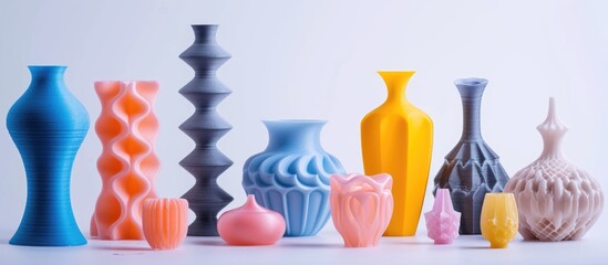 Colorful 3D-printed objects on white background, including a blue vase. Modern technology creates plastic models automatically.