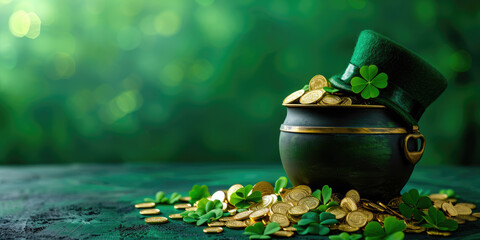 Pot of gold coins with clover leaves on green background. St. Patrick's Day. - obrazy, fototapety, plakaty