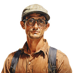 A worker man wearing glasses and a hat on a transparent background png isolated