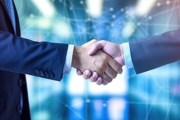 Business shaking hands, shows the progress of the business, connecting or ganizations around the world, the background image is  blue digital