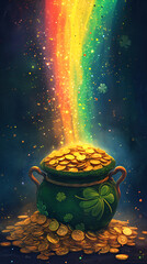 St. Patrick's Day card with leprechaun treasure and pot of gold coins, green hat and shamrock. - obrazy, fototapety, plakaty