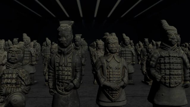 terracotta warriors in a row 3D animation 