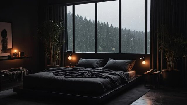 	
cozy rainy day at home. Cozy apartment bedroom with big window. Raining outside. Cozy hotel. Beautiful forest jungle landscape.	
