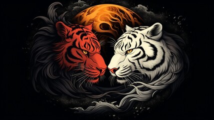 Angry tigers animal yin yang black background image Ai generated art