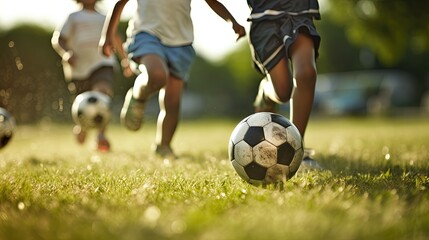 Obraz premium Close-up of a soccer ball on the field with children running in the background, playing a friendly match on a bright, sunny day.