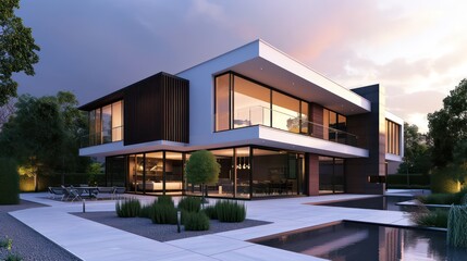Modern and luxurious dream house caters to house rentals, buying and selling, and investment ventures, ideal property for various business endeavors - obrazy, fototapety, plakaty