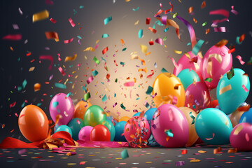 Colorful balloons and confetti on wooden floor. 3D rendering - obrazy, fototapety, plakaty