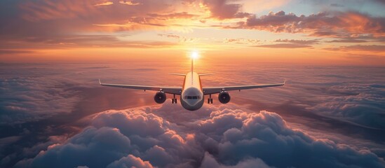 Gorgeous aircraft. Passenger airplane flying above clouds at sunset. Landing. Business travel.
