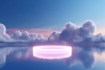 Round shape product background with cloud and neon bright lights
