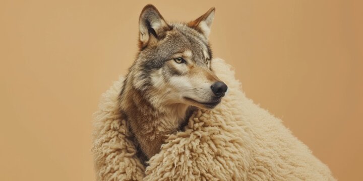 Close-up portrait of a wolf in sheep's clothing on a pale yellow background.