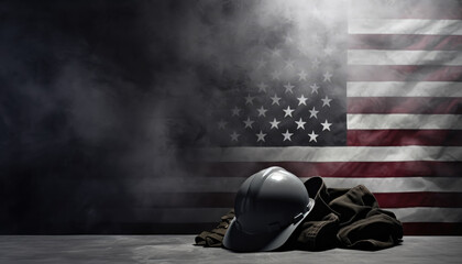 Safety helmet and america flag background in fog