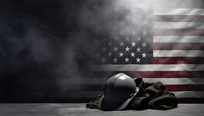 Fotobehang Safety helmet and america flag background in fog © LFK