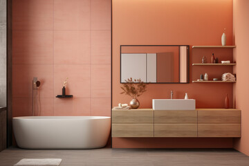 Fototapeta na wymiar Salmon color minimal design modern decorated bathroom interior