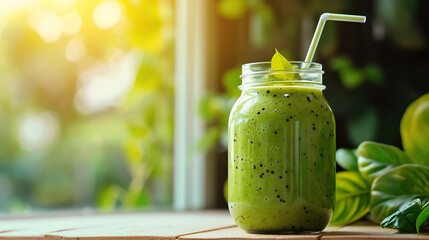 Green smoothie in a clear glass jar with a straw, on a table, in sunlight, on a blurred window background